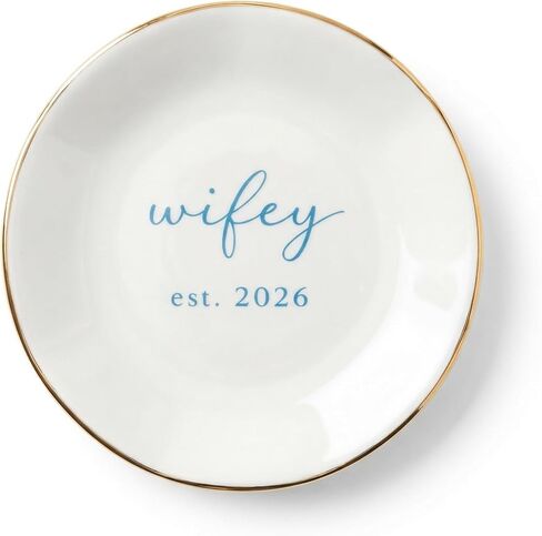 CHOIEO Mrs Ring Dish Jewelry Dish, Bride Mrs Est 2026 Wifey Engaged Trinket Tray, Ceramic Ring Holder Jewelry Tray with Blue Floral Design, Something Blue Bridal Shower Engagement (Engaged 2026) in Kuwait