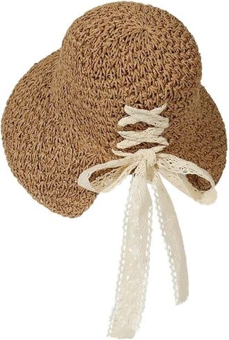 Women Straw Beach Hats Summer Sun Hat with Cute Bow Tie Floppy Packable Foldable Travel Wide Brim UV Protection in Kuwait