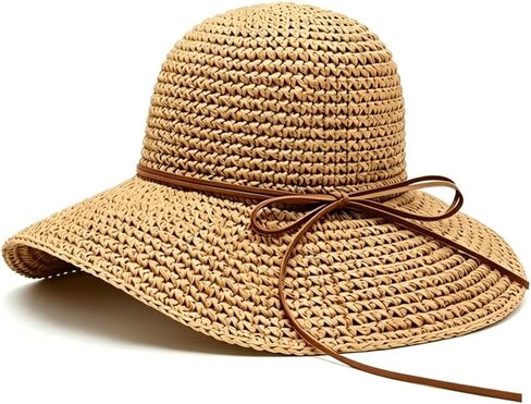 Straw Beach Hat for Women, Wide Brim Floppy Sun Hat, Packable Foldable Roll Up Cap for Travel Vacation Tan/Brown in Saudi Arabia