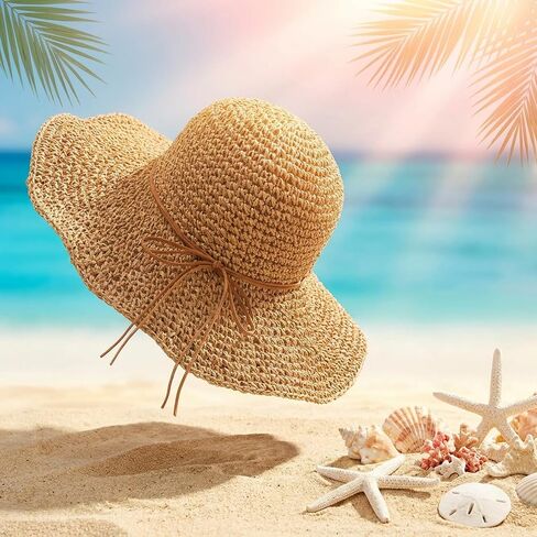 Straw Beach Hat for Women, Wide Brim Floppy Sun Hat, Packable Foldable Roll Up Cap for Travel Vacation Tan/Brown in Saudi Arabia