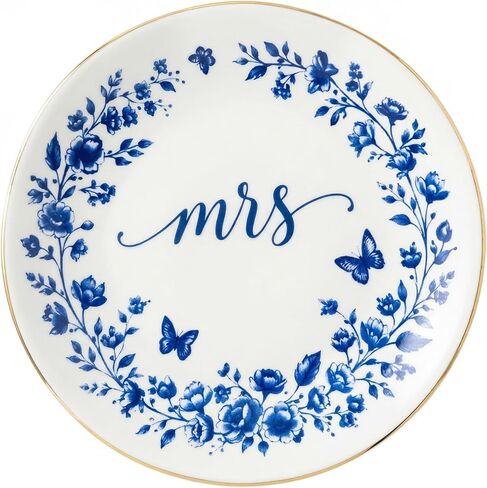 CHOIEO Mrs Ring Dish Jewelry Dish, Bride Mrs Est 2026 Wifey Engaged Trinket Tray, Ceramic Ring Holder Jewelry Tray with Blue Floral Design, Something Blue Bridal Shower Engagement (Engaged 2026) in Kuwait