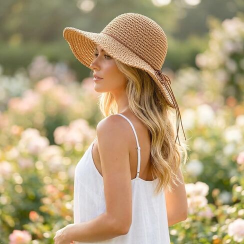 Straw Beach Hat for Women, Wide Brim Floppy Sun Hat, Packable Foldable Roll Up Cap for Travel Vacation Tan/Brown in Saudi Arabia