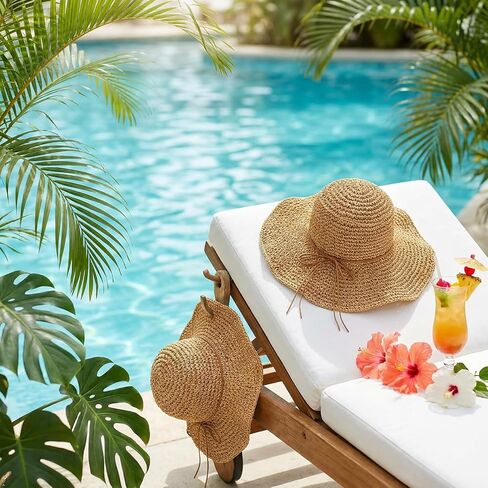 Straw Beach Hat for Women, Wide Brim Floppy Sun Hat, Packable Foldable Roll Up Cap for Travel Vacation Tan/Brown in Saudi Arabia