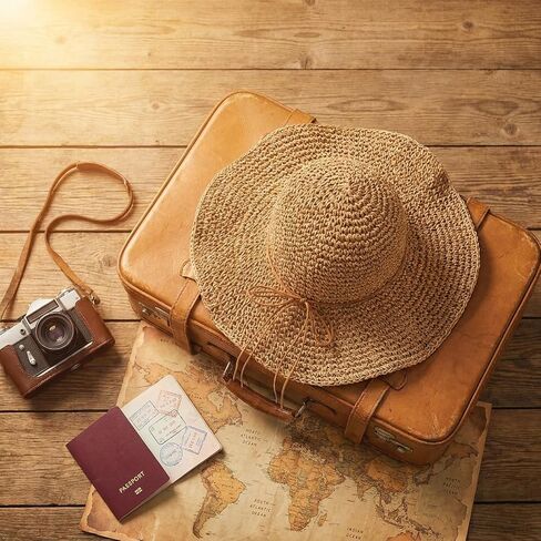 Straw Beach Hat for Women, Wide Brim Floppy Sun Hat, Packable Foldable Roll Up Cap for Travel Vacation Tan/Brown in Saudi Arabia