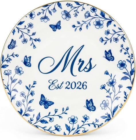 CHOIEO Mrs Ring Dish Jewelry Dish, Bride Mrs Est 2026 Wifey Engaged Trinket Tray, Ceramic Ring Holder Jewelry Tray with Blue Floral Design, Something Blue Bridal Shower Engagement (Engaged 2026) in Kuwait