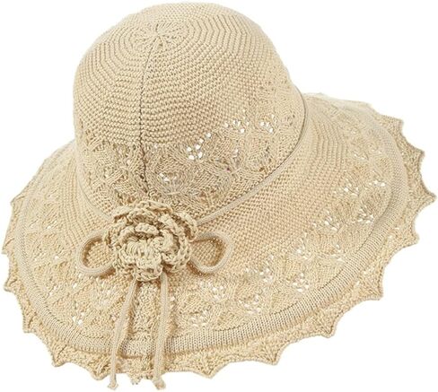Womens Ruffled Flowers Summer Beach Hat Wide Brim Knitted Sun Hats Foldable Floppy Summer Cap for Travel Decoration in Kuwait