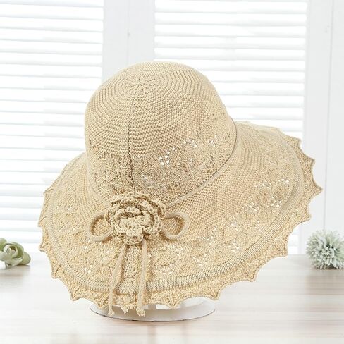Womens Ruffled Flowers Summer Beach Hat Wide Brim Knitted Sun Hats Foldable Floppy Summer Cap for Travel Decoration in Kuwait