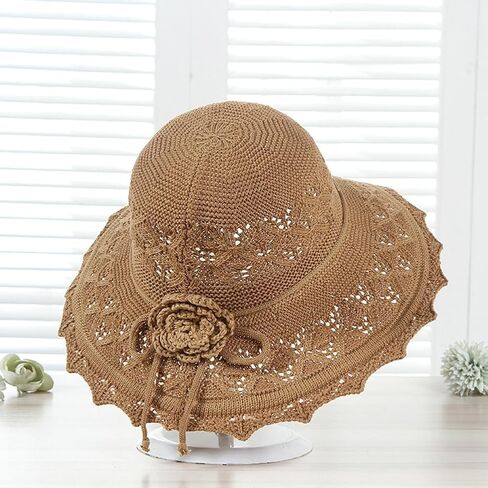 Womens Ruffled Flowers Summer Beach Hat Wide Brim Knitted Sun Hats Foldable Floppy Summer Cap for Travel Decoration in Kuwait