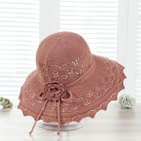 Womens Ruffled Flowers Summer Beach Hat Wide Brim Knitted Sun Hats Foldable Floppy Summer Cap for Travel Decoration in Kuwait