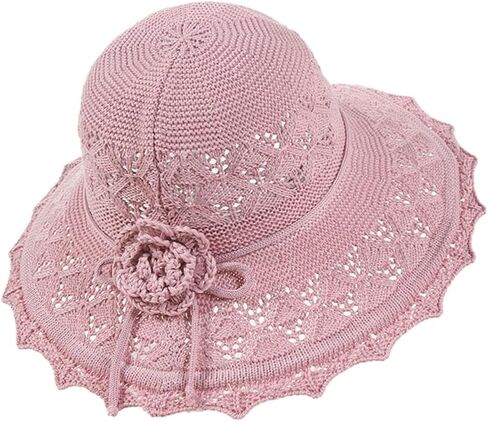 Womens Ruffled Flowers Summer Beach Hat Wide Brim Knitted Sun Hats Foldable Floppy Summer Cap for Travel Decoration in Kuwait