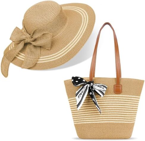 Sun Hat and Tote Bag for Women Wide Brim UPF 50+ Summer Straw Hat Khaki in Kuwait