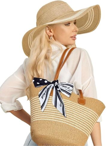 Sun Hat and Tote Bag for Women Wide Brim UPF 50+ Summer Straw Hat Khaki in Kuwait