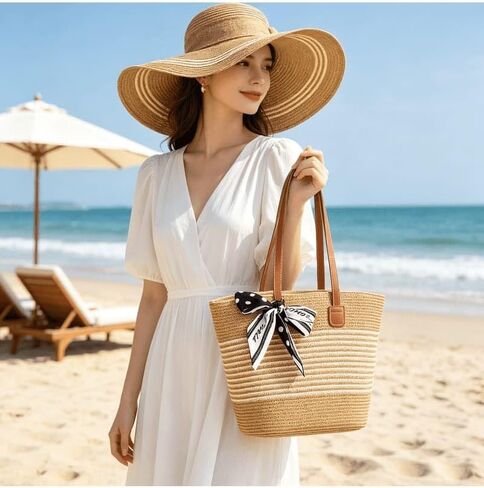 Sun Hat and Tote Bag for Women Wide Brim UPF 50+ Summer Straw Hat Khaki in Kuwait