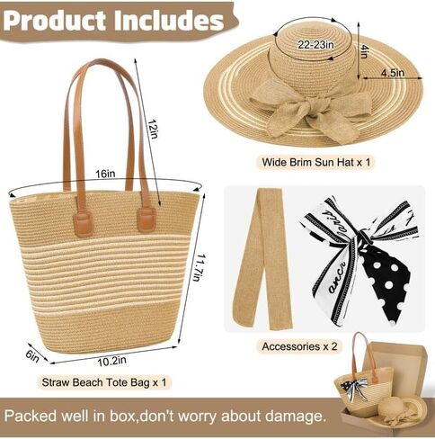 Sun Hat and Tote Bag for Women Wide Brim UPF 50+ Summer Straw Hat Khaki in Kuwait