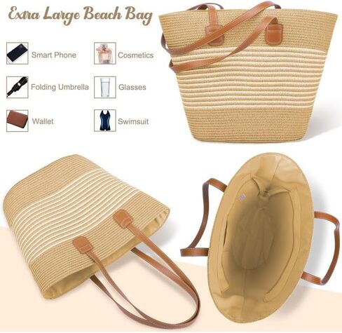 Sun Hat and Tote Bag for Women Wide Brim UPF 50+ Summer Straw Hat Khaki in Kuwait