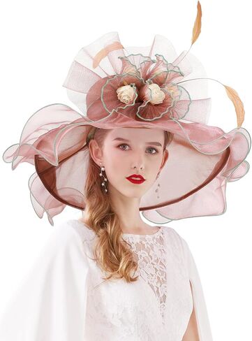 Z&X Organza Church Derby Hat Flower Wide Brim Fascinator Sun Hats for Women Wedding Cocktail Tea Party Fancy Hat in Saudi Arabia