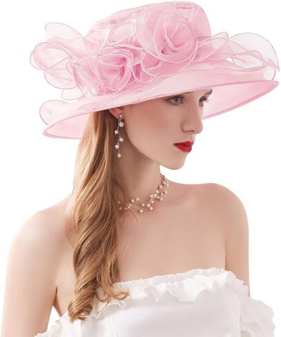 Z&X Organza Church Derby Hat Flower Wide Brim Fascinator Sun Hats for Women Wedding Cocktail Tea Party Fancy Hat in Saudi Arabia
