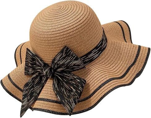 Floerns Women's Summer Bow Tie Straw Hats Wide Brim Foldable Sun Protection Floppy Beach Hat in Kuwait