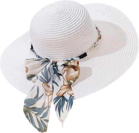 Floerns Women's Summer Bow Tie Straw Hats Wide Brim Foldable Sun Protection Floppy Beach Hat in Kuwait