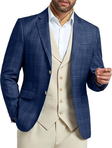 Mens Blazer Two Buttons Suit Jacket for Men Business Slim Fit Dark Blue Stripes Plaid Casual Sport Coats 2X-Large in Saudi Arabia