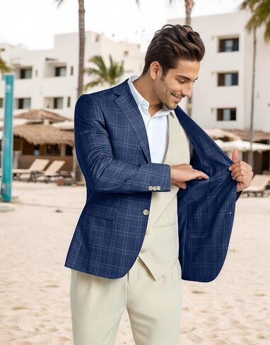 Mens Blazer Two Buttons Suit Jacket for Men Business Slim Fit Dark Blue Stripes Plaid Casual Sport Coats 2X-Large in Saudi Arabia