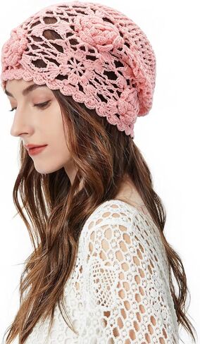 ZLYC Women Cotton Crochet Beanie Handmade Knit Flower Summer Slouchy Skull Hat in Kuwait