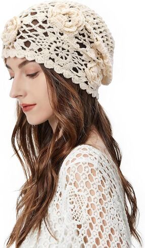 ZLYC Women Cotton Crochet Beanie Handmade Knit Flower Summer Slouchy Skull Hat in Kuwait