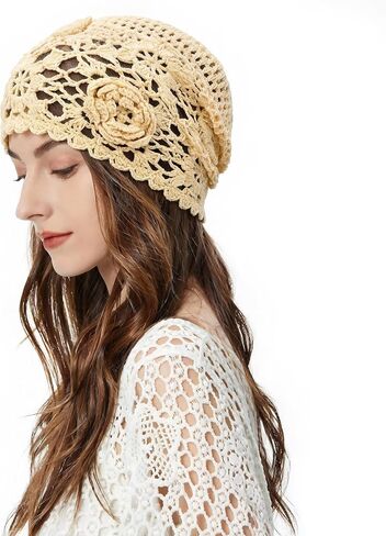 ZLYC Women Cotton Crochet Beanie Handmade Knit Flower Summer Slouchy Skull Hat in Kuwait