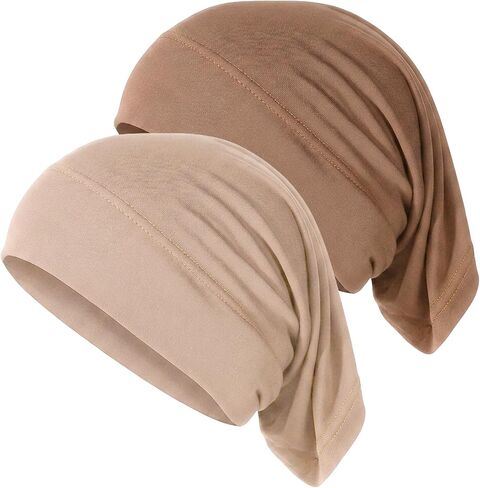 2 Pcs Hijab Cap Undercaps for Hijab No Slip Women Solid Color Hijabs Cap Islamic Muslim Hijabs Undercap with Brim for Turban Tube Neck Cover (Dark Brown, Beige) in Kuwait