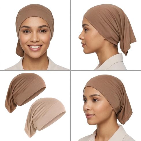 2 Pcs Hijab Cap Undercaps for Hijab No Slip Women Solid Color Hijabs Cap Islamic Muslim Hijabs Undercap with Brim for Turban Tube Neck Cover (Dark Brown, Beige) in Kuwait