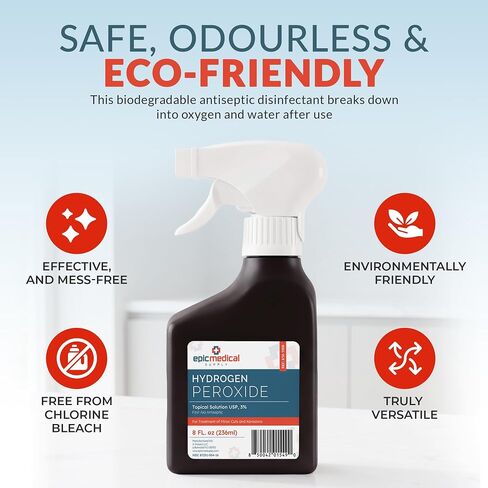Epic Medical Supply Hydrogen Peroxide Spray 3% USP - First Aid Antiseptic for Cuts & Scrapes - Multi-Purpose Cleaner - 8oz / 236ml Trigger Spray Bottle (1) in Kuwait