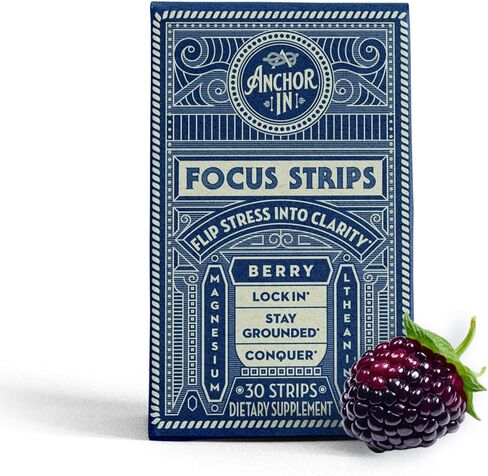 Calm + Focus Dissolvable Strips with L-Theanine, Magnesium & Ashwagandha Supplement-Travel Essentials for Stress Relief, Brain Support for Memory & Focus, Super Calm Support- Berry- 30ct in Kuwait