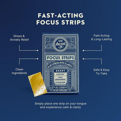 Calm + Focus Dissolvable Strips with L-Theanine, Magnesium & Ashwagandha Supplement-Travel Essentials for Stress Relief, Brain Support for Memory & Focus, Super Calm Support- Berry- 30ct in Kuwait
