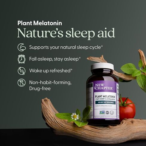 New Chapter Plant Melatonin 2mg - Sleep Aid for Adults with No Next-Day Grogginess, Nature-Inspired Sleep Formula Made with Melatonin from Tomato + Tart Cherry & Ashwagandha – Non-GMO, 30ct in Kuwait