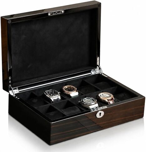 10-Slot Watch Display Case with Glass Window Lid, Ebony Wood Grain, High Gloss Finish, Lock & Velvet Interior, Fits Watches up to 57mm – Luxury Watch Organizer Gift for Men in Saudi Arabia