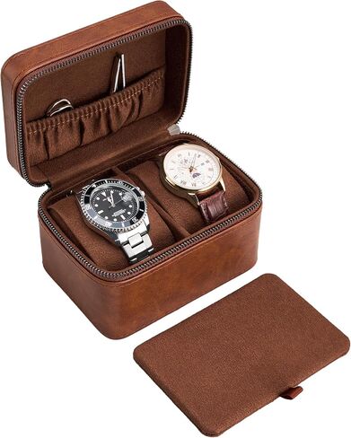 ProCase 2-Slot Watch Travel Case for Men, PU Leather Portable Watch Holder, Compact Small Carrying Storage Box for Luxury Watches & Smartwatches with Jewelry Compartment, Fathers Day Gift -Brown in Kuwait