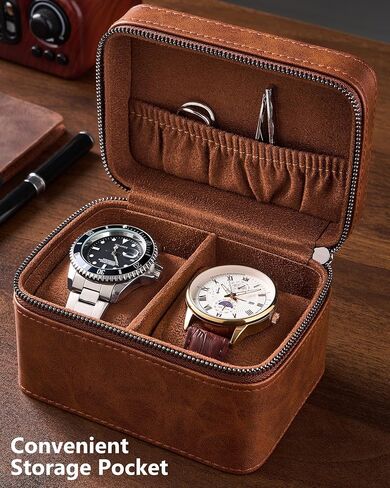 ProCase 2-Slot Watch Travel Case for Men, PU Leather Portable Watch Holder, Compact Small Carrying Storage Box for Luxury Watches & Smartwatches with Jewelry Compartment, Fathers Day Gift -Brown in Kuwait