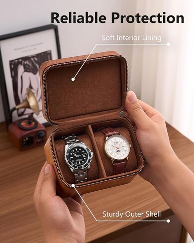 ProCase 2-Slot Watch Travel Case for Men, PU Leather Portable Watch Holder, Compact Small Carrying Storage Box for Luxury Watches & Smartwatches with Jewelry Compartment, Fathers Day Gift -Brown in Kuwait