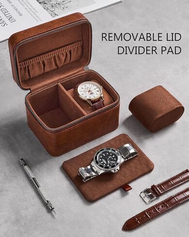 ProCase 2-Slot Watch Travel Case for Men, PU Leather Portable Watch Holder, Compact Small Carrying Storage Box for Luxury Watches & Smartwatches with Jewelry Compartment, Fathers Day Gift -Brown in Kuwait