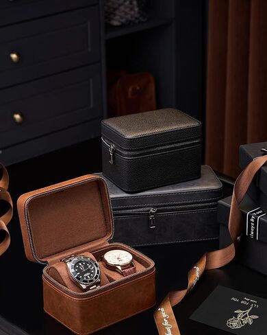 ProCase 2-Slot Watch Travel Case for Men, PU Leather Portable Watch Holder, Compact Small Carrying Storage Box for Luxury Watches & Smartwatches with Jewelry Compartment, Fathers Day Gift -Brown in Kuwait