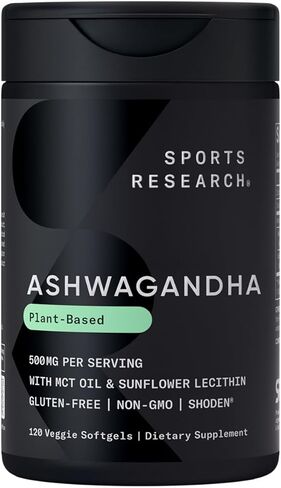 Sports Research® Ashwagandha Softgels with Coconut MCT Oil - Natural Ayurvedic Adaptogen Made with Shoden® Ashwa for Relaxation, Calm & Sleep Support - Gluten Free & Vegan Friendly - 120 Count in Kuwait