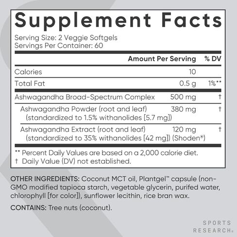 Sports Research® Ashwagandha Softgels with Coconut MCT Oil - Natural Ayurvedic Adaptogen Made with Shoden® Ashwa for Relaxation, Calm & Sleep Support - Gluten Free & Vegan Friendly - 120 Count in Kuwait