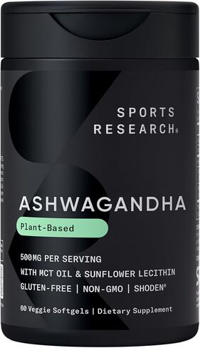 Sports Research® Ashwagandha Softgels with Coconut MCT Oil - Natural Ayurvedic Adaptogen Made with Shoden® Ashwa for Relaxation, Calm & Sleep Support - Gluten Free & Vegan Friendly - 120 Count in Kuwait