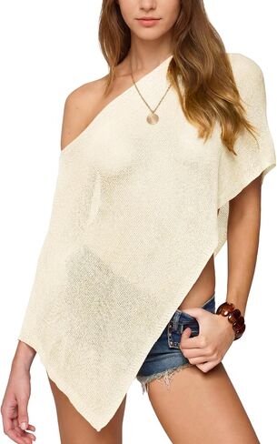 SeeLuNa Women Cover Up One Shoulder Knit Asymmetric Shrug Pullover Sweater Trendy Beach Vacation Sheer Poncho Mesh Blouse(Apricot,M) in Kuwait