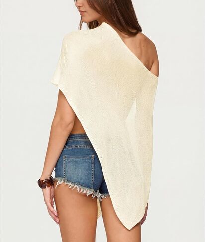 SeeLuNa Women Cover Up One Shoulder Knit Asymmetric Shrug Pullover Sweater Trendy Beach Vacation Sheer Poncho Mesh Blouse(Apricot,M) in Kuwait