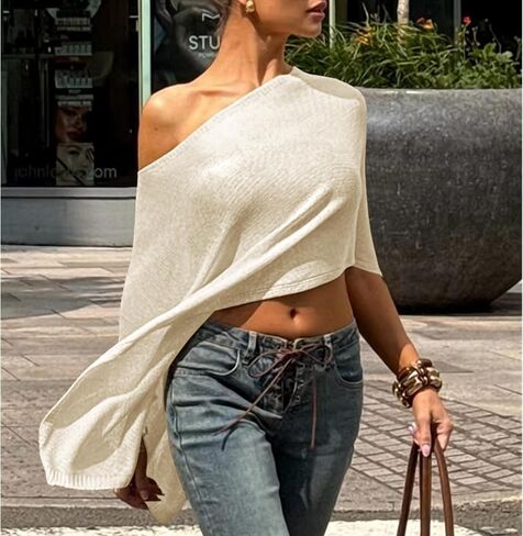 SeeLuNa Women Cover Up One Shoulder Knit Asymmetric Shrug Pullover Sweater Trendy Beach Vacation Sheer Poncho Mesh Blouse(Apricot,M) in Kuwait