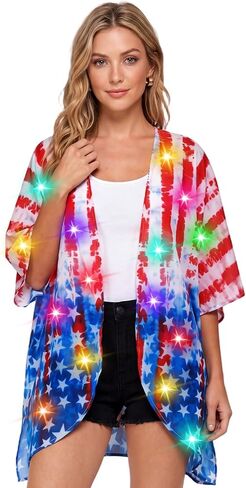 Janmercy Light up Women American Flag Kimono Cover up Patriotic USA 4th of July Kimono Cardigan 250th Anniversary Swimsuit Beach Cover up with LED for Celebration Party(Batteries Not Included) in Kuwait