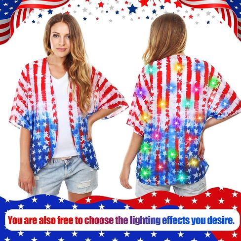Janmercy Light up Women American Flag Kimono Cover up Patriotic USA 4th of July Kimono Cardigan 250th Anniversary Swimsuit Beach Cover up with LED for Celebration Party(Batteries Not Included) in Kuwait