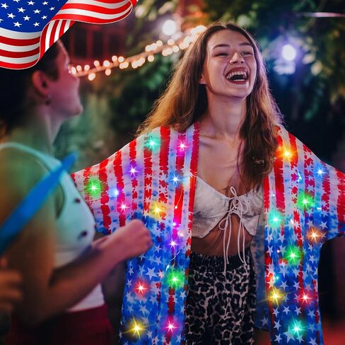 Janmercy Light up Women American Flag Kimono Cover up Patriotic USA 4th of July Kimono Cardigan 250th Anniversary Swimsuit Beach Cover up with LED for Celebration Party(Batteries Not Included) in Kuwait