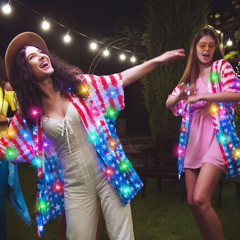 Janmercy Light up Women American Flag Kimono Cover up Patriotic USA 4th of July Kimono Cardigan 250th Anniversary Swimsuit Beach Cover up with LED for Celebration Party(Batteries Not Included) in Kuwait